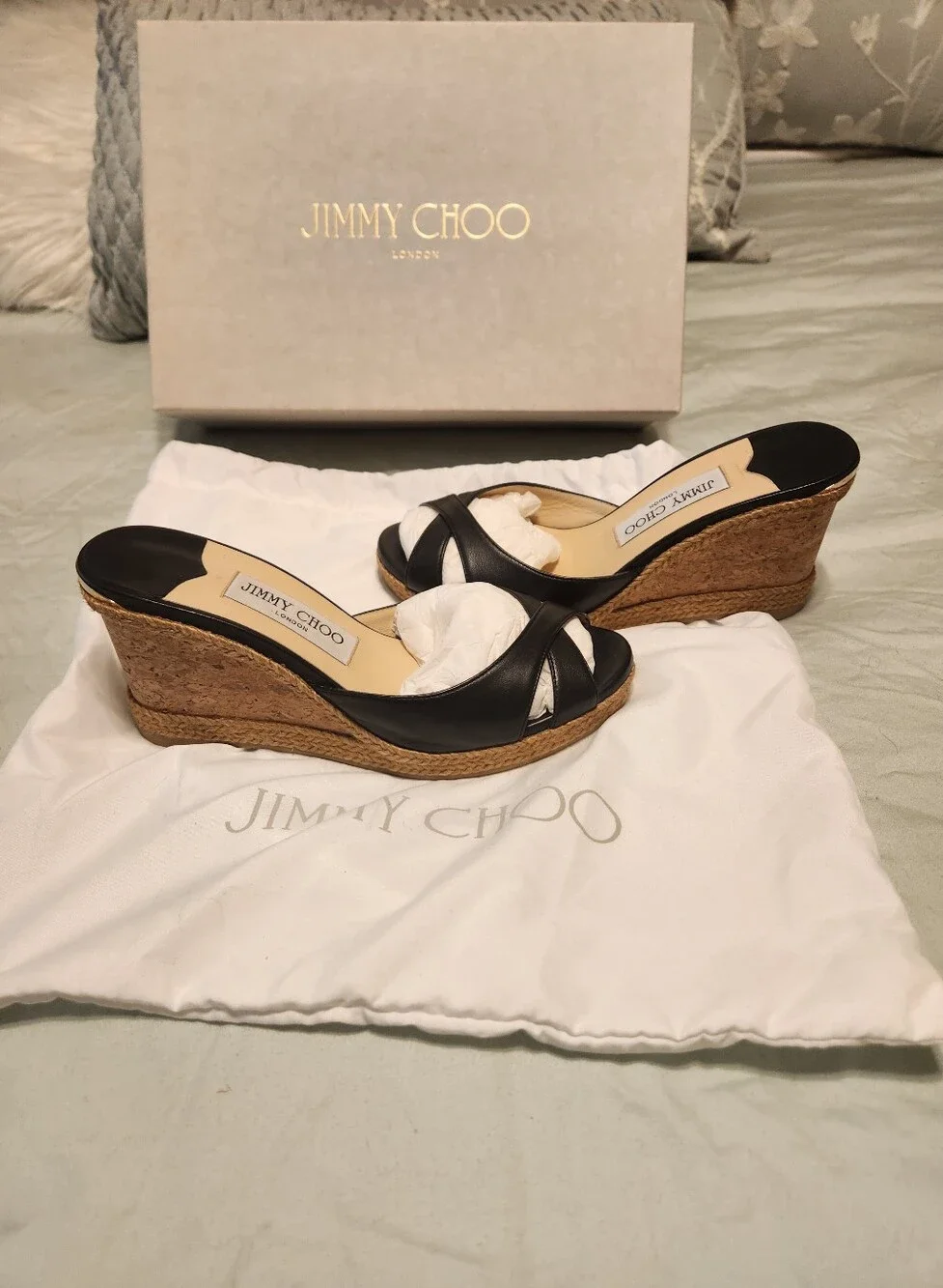 Jimmy Choo Black Leather Crisscross Espadrille Wedges